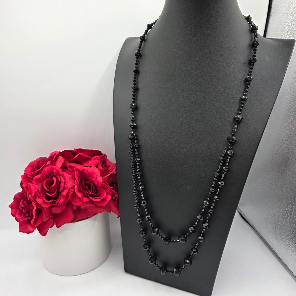 Black Faceted Glass Bead Double Strand Long Necklace 32 Inch Silver Tone Clasp
